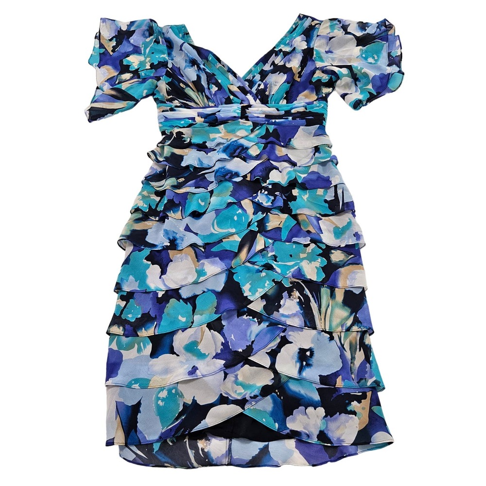 Adrianna Papell‎ Layered V-neck Ruffle Floral Flutter Sleeve Mini Dress. Size 4